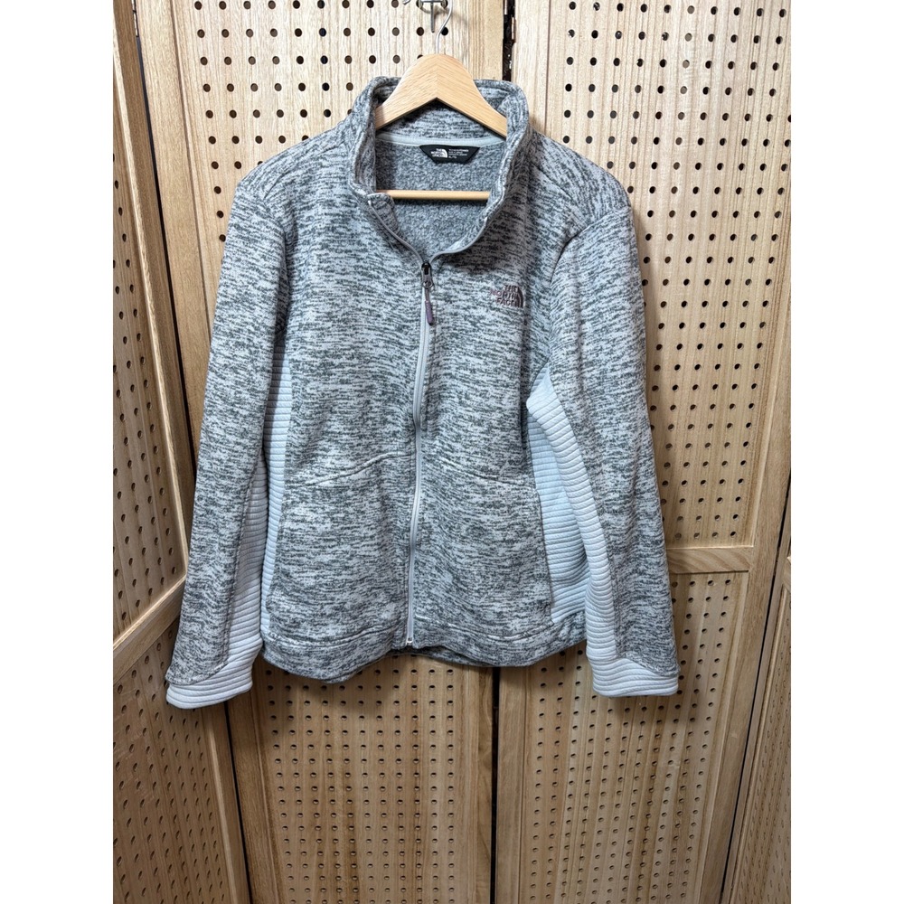 The North Face Womens XL Gray Heather Full Zip Fleece Jacket Ribbed Side Panels